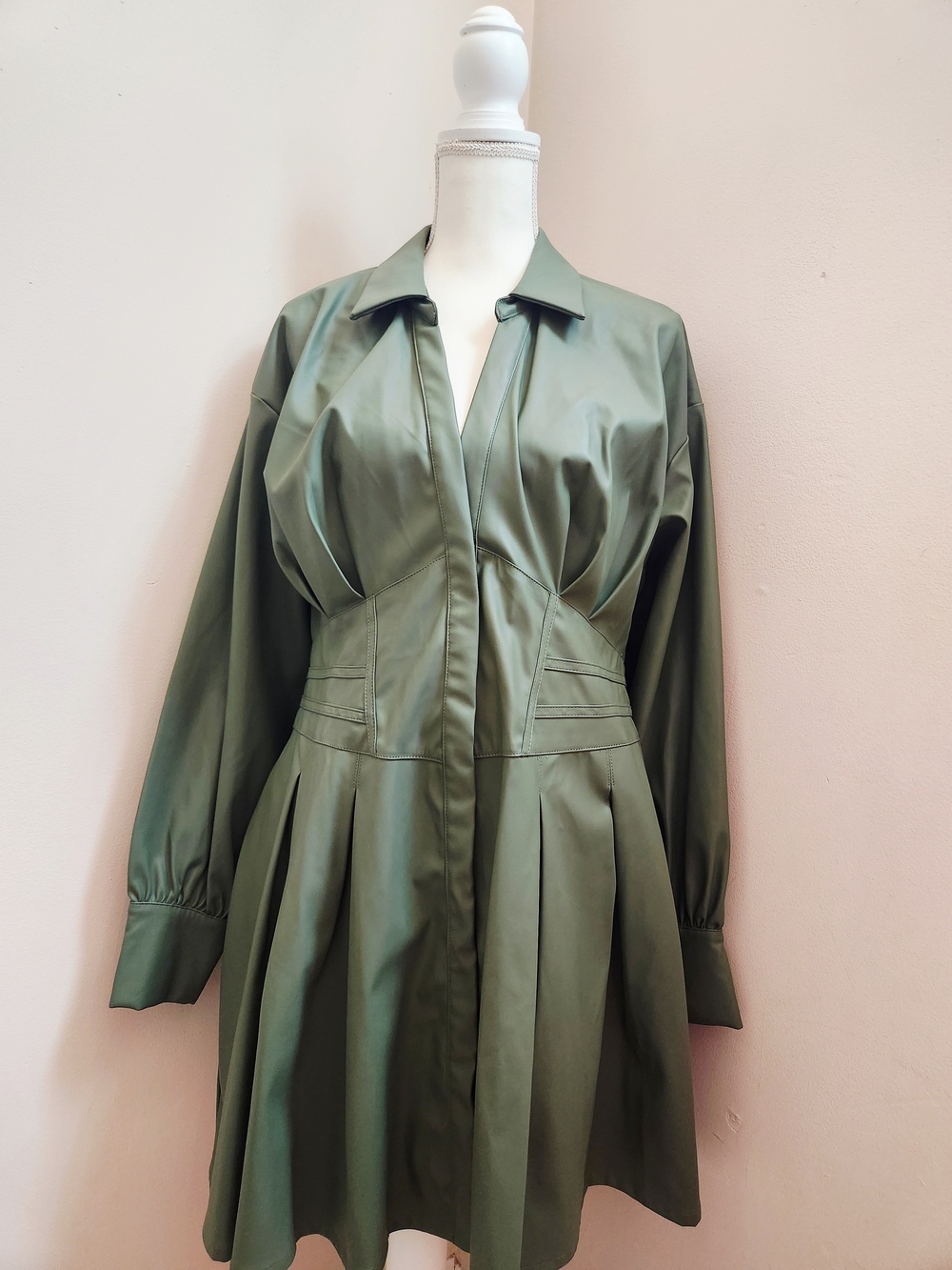 Fashion Nova Tailored Olive Green Faux-Leather Trench Dress Coat